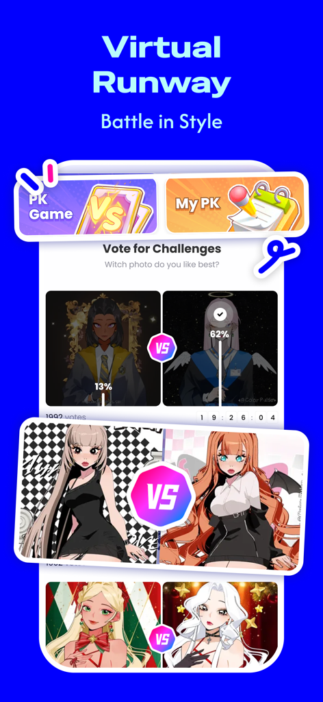 Interface of Neku app featuring a virtual runway where users vote on anime style avatar battles.