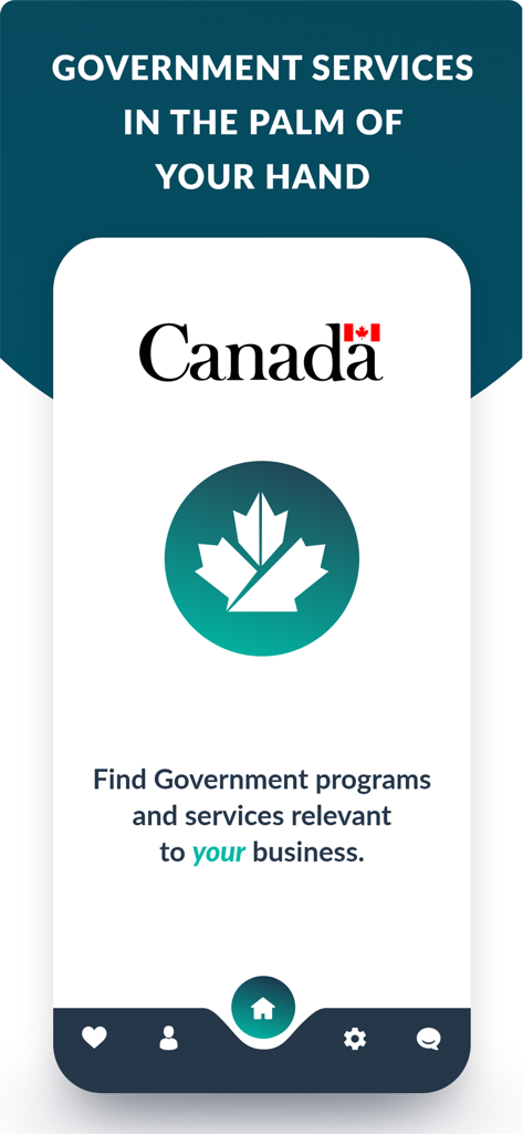 Tela de abertura do aplicativo Canada Business exibindo serviços governamentais para empresários com um logotipo de folha de bordo.