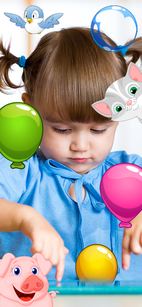 Balloon pop - toddler games - Una niña pequeña jugando un colorido juego de aprendizaje de explotar globos con animales de dibujos animados como un cerdo, gato y pájaro