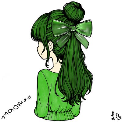 realistic girl  with hip length hair a bun and a big bow on the back of head