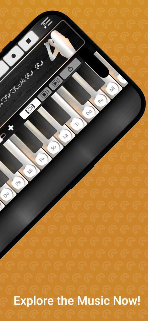 Piccolo Sim - Piccolo Sim App-Oberfläche, die eine musikalische Tastatur mit beschrifteten Noten und Aufnahme-Steuerelementen auf einem Smartphone-Bildschirm zeigt