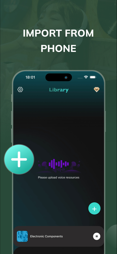 Wakee app interface showing the library screen with a prompt to import audio files from the phone.
