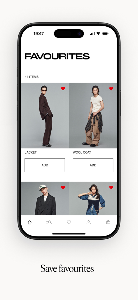 H&M mobile app favourites screen showing a curated wishlist of clothing items with add to cart buttons