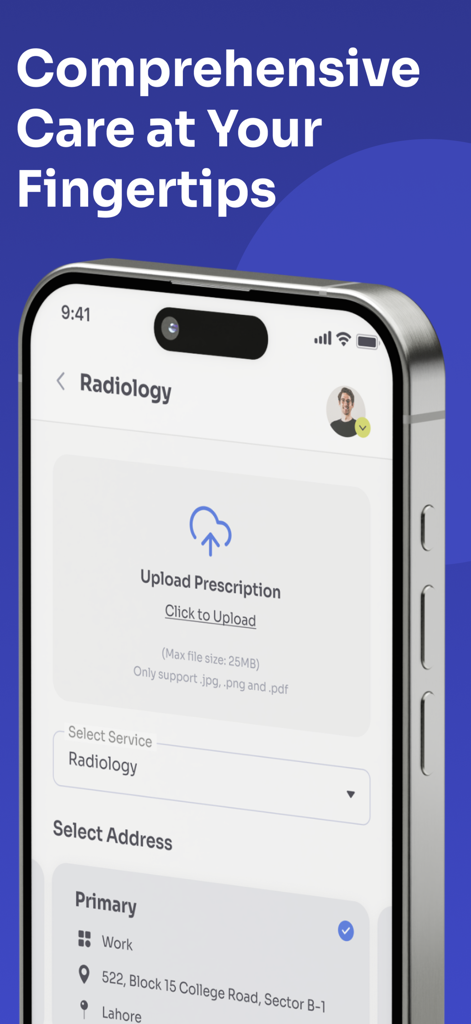 Interface of the ChughtaiLab app showing the radiology prescription upload screen with address selection.