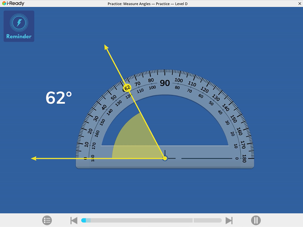 i-Ready App-Oberfläche mit einem digitalen Winkelmesser, der einen Zweiundsechzig-Grad-Winkel misst
