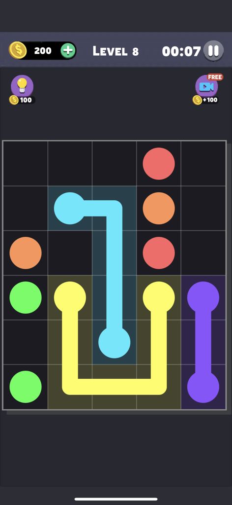 Same Color: Connect The Dots - Gameplay screenshot of a color connecting puzzle game showing lines connecting matching colored dots on a grid