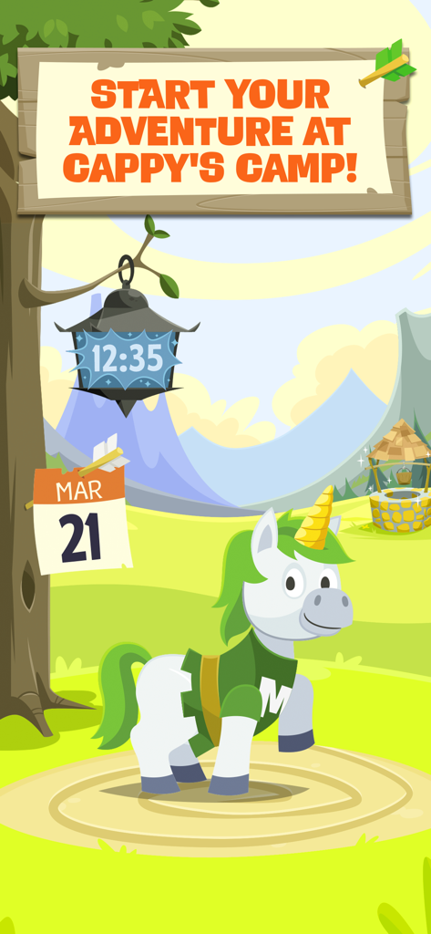 Munzee - Cappy the Unicorn standing in a green field next to a sign for Cappys Camp