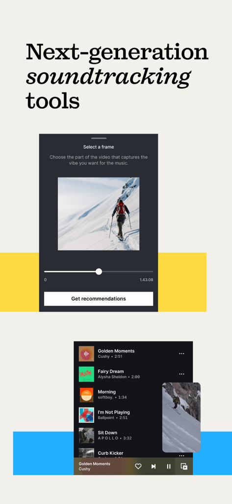 Epidemic Sound Music for Video - Epidemic Sound mobile app interface displaying AI soundtracking tools and a music playlist for video editing