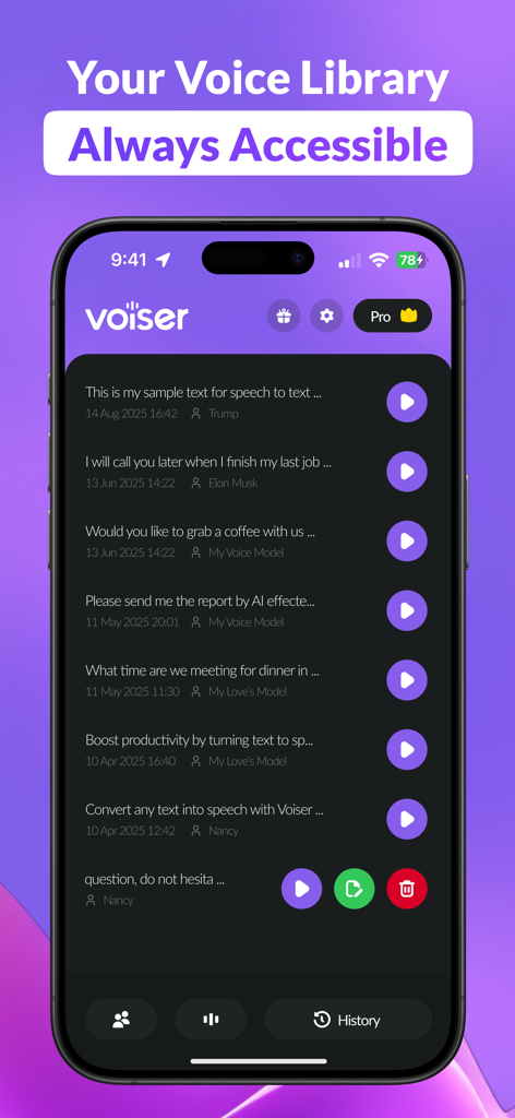 Una pantalla de smartphone que muestra la biblioteca de voces de la aplicación Voiser y el historial de grabaciones de texto a voz.