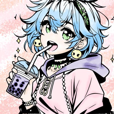 hot baddie anime girl drinking boba and biting the straw