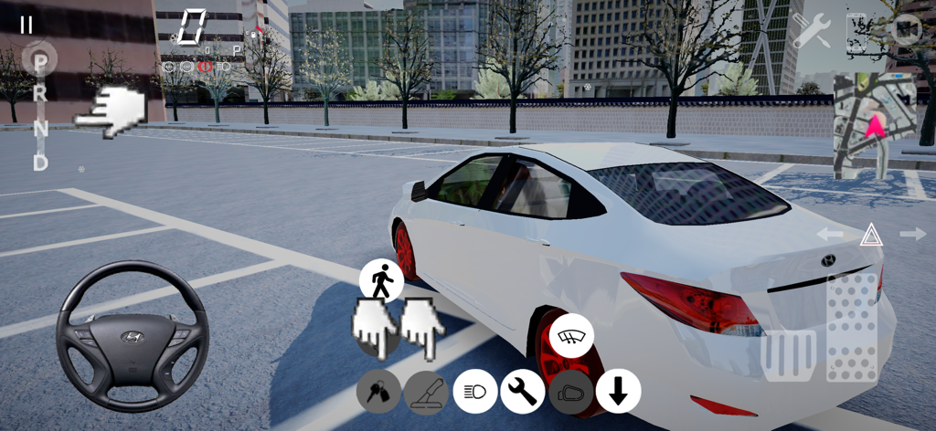 3DDrivingGame4.0 Project:SEOUL - A white sedan with custom red rims in a 3D driving simulator game set in Seoul