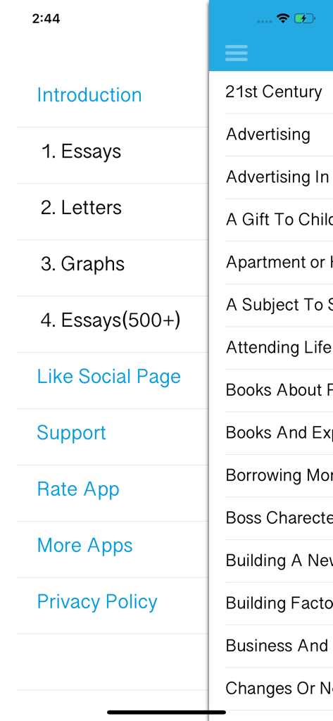 A sidebar menu in the IELTS Writing Tutor app listing categories for essays letters and graphs