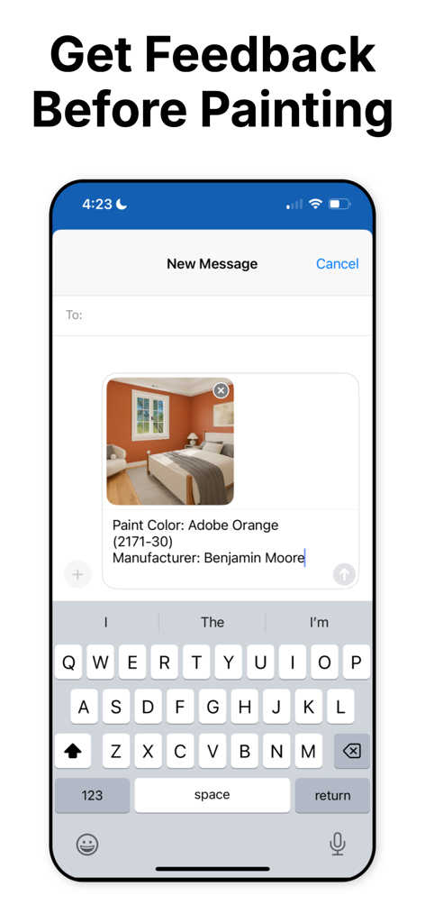 Paint Color Visualizer - An iPhone screen showing a Benjamin Moore Adobe Orange paint visualization shared in a message for feedback