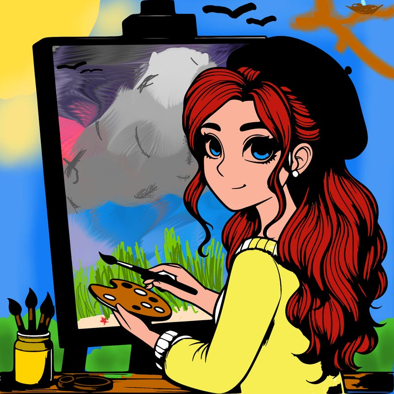 realistic girl artist painting a blank canvas