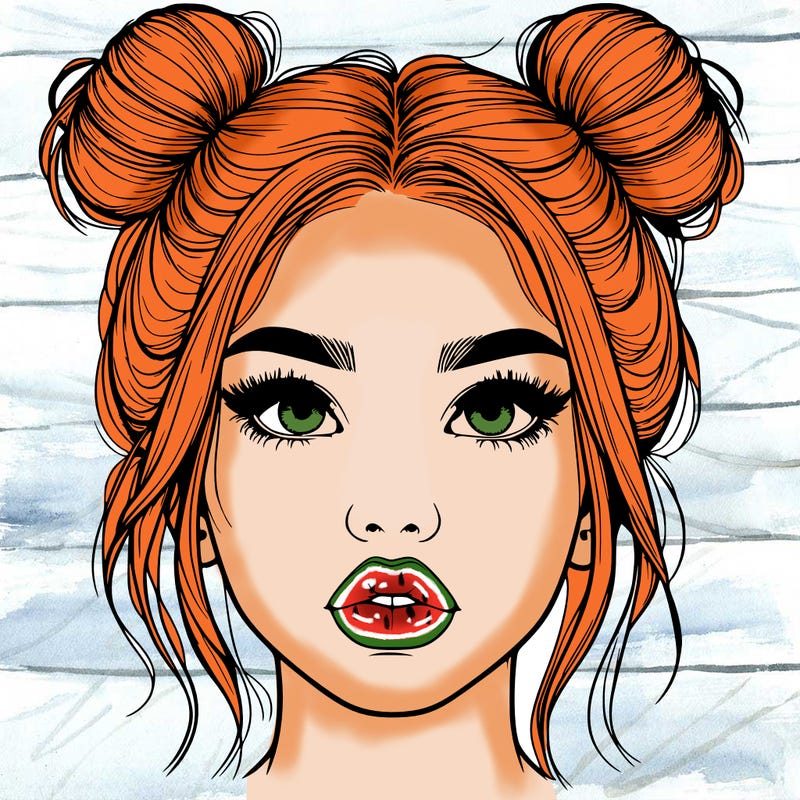 realistic girl with two buns on her hair and lips