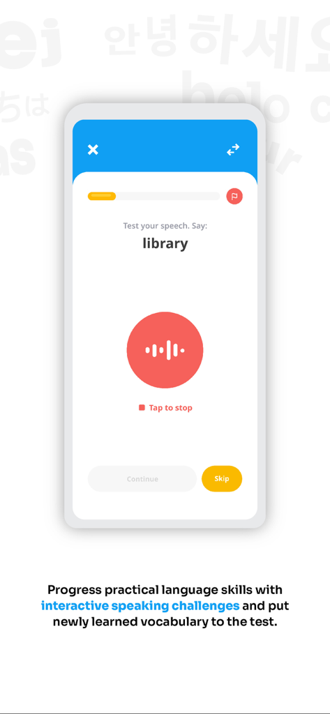 FlashAcademy app interface showing an interactive speaking challenge where a user tests their speech by pronouncing the word library