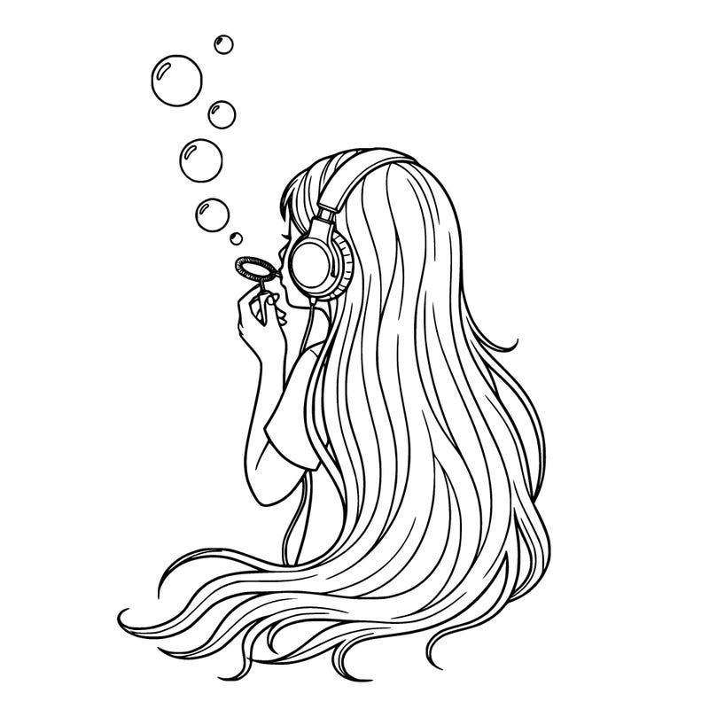 a girl with headphones blowing bubbles with long hair