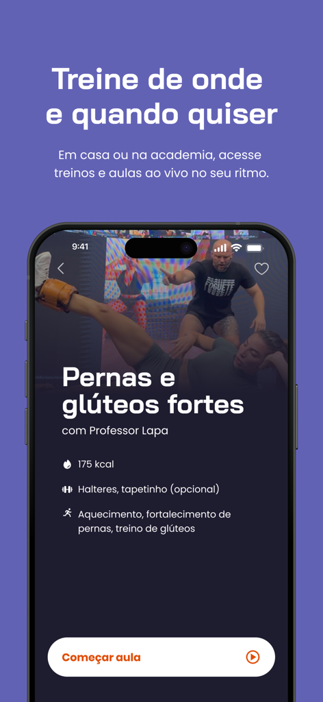 Academia Foguete - Academia Foguete app interface showing a legs and glutes workout session with Professor Lapa