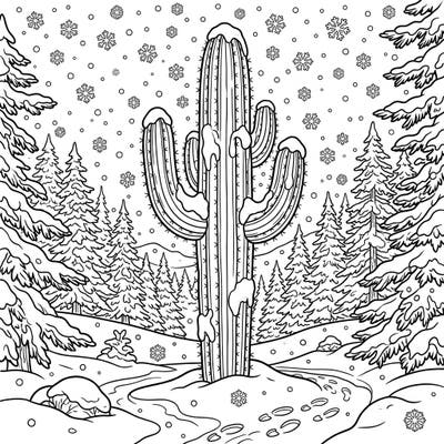 Discover the enchanting sight of a majestic columnar cactus standing tall amidst a serene winter wonderland. This unique coloring page invites you to bring a snowy desert landscape to life with your favorite colors.