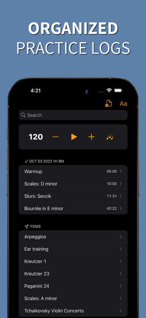Interfaccia che mostra registri di pratica musicale organizzati con impostazioni del metronomo ed esercizi cronometrati