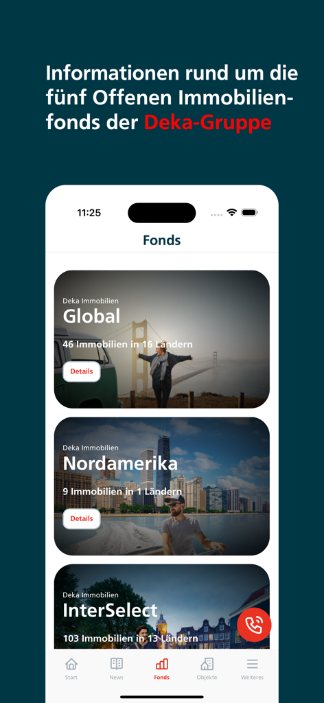 Overview screen of the Deka Immobilienfonds app listing various global real estate funds