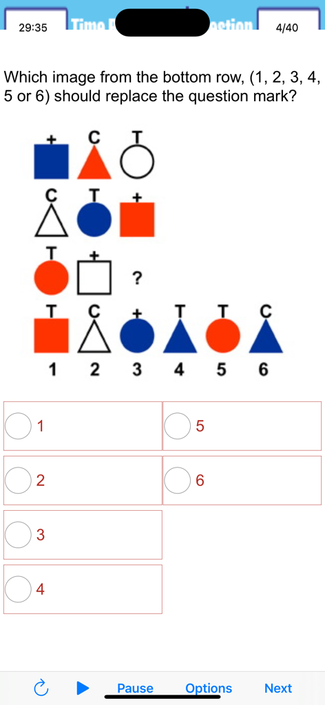 Test Your Aptitude - Aptitude test screen showing a logical reasoning shape puzzle with multiple choice options