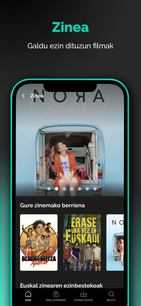 PRIMERAN - Screenshot of the PRIMERAN streaming app showing the cinema section with Basque film titles and recommendations