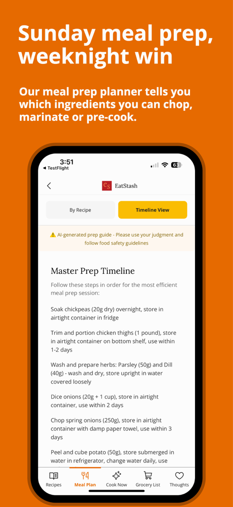 EatStash app interface showing a Master Prep Timeline for Sunday meal preparation with instructions for chopping and storing ingredients.