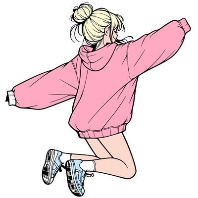 realistic girl jumping with a bun and oversized sweatshirt