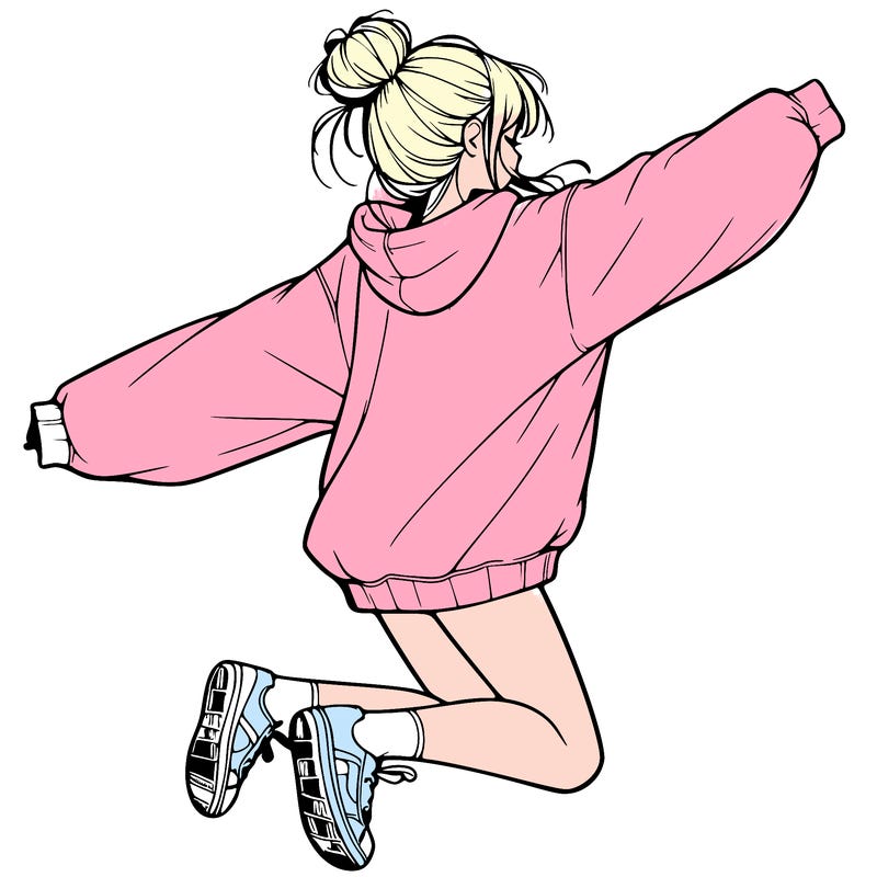 realistic girl jumping with a bun and oversized sweatshirt