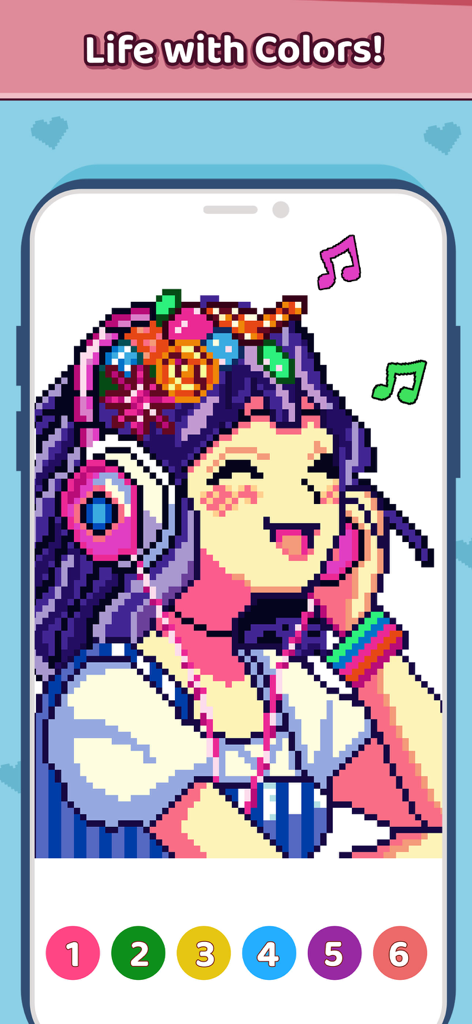Pixel Breeze - Color By Number - A colorful anime girl pixel art illustration in the Pixel Breeze color by number app
