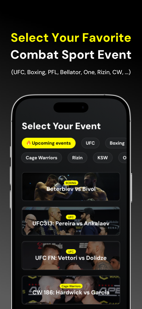FightAlarm App - FightAlarm app interface showing a list of upcoming combat sports events like UFC and Boxing for selection