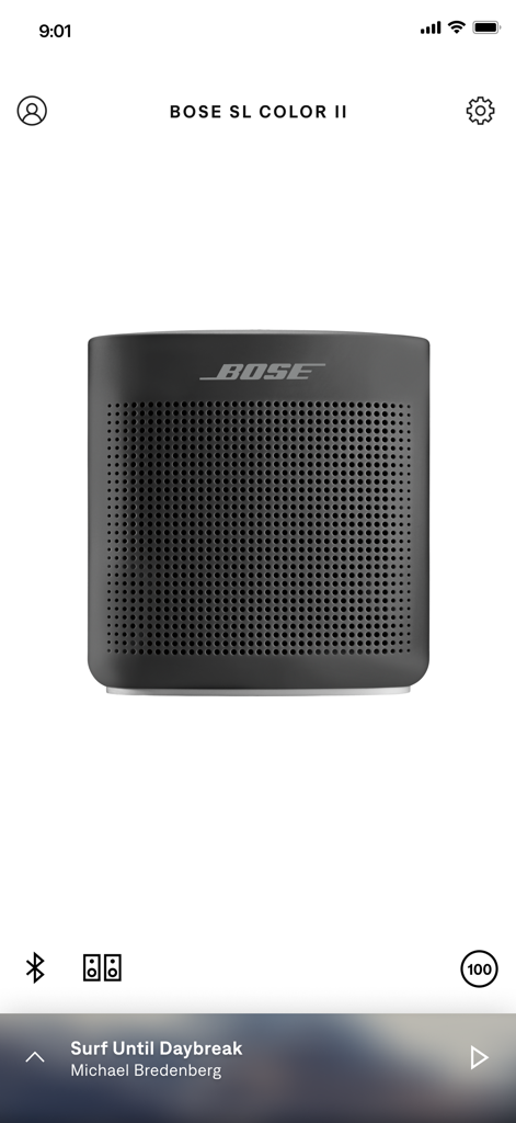 Bose Connect app main screen showing a black Bose SoundLink Color II speaker with music controls and battery status