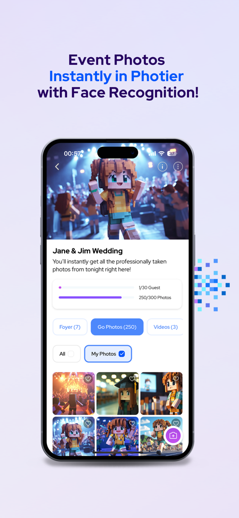 Photier app screen showing wedding photos filtered by facial recognition technology