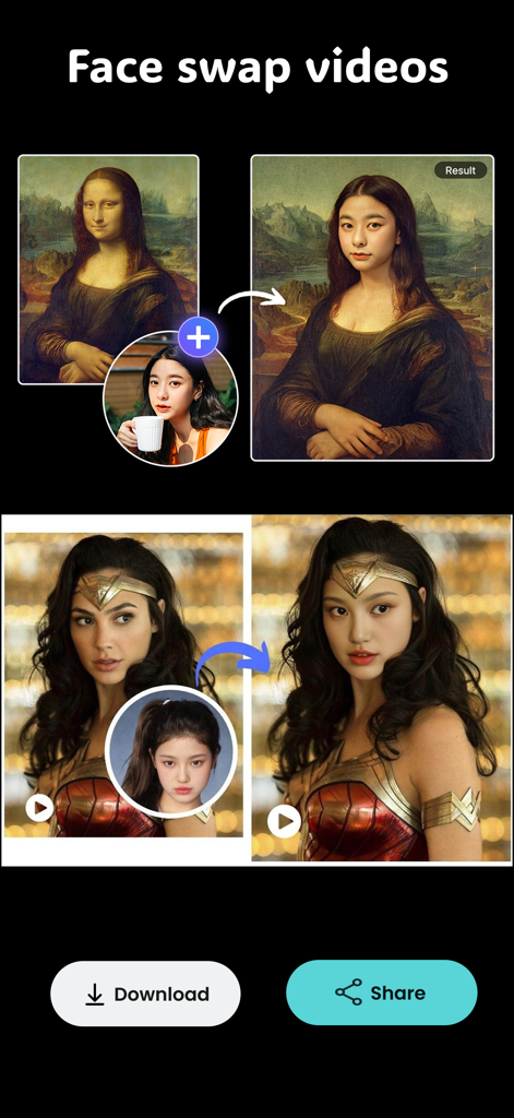 AI face swap examples featuring the Mona Lisa and Wonder Woman