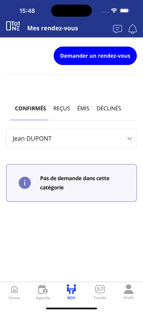 1to1 Retail Ecommerce - Panel de gestión de reuniones en la aplicación 1to1 Retail Ecommerce que muestra pestañas de estado de citas y botón de solicitud de reunión