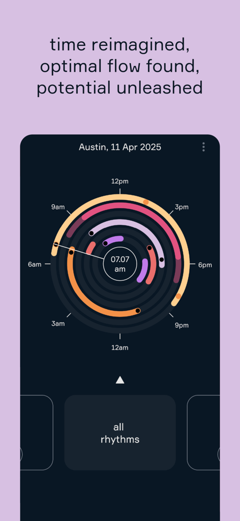 Circadian: Your Natural Rhythm - Interface of the Circadian app featuring a circular chart for tracking natural daily rhythms