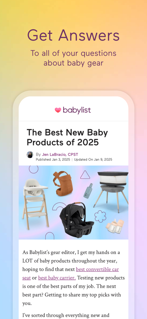 Babylist Baby Registry - Babylist app screen displaying an editorial guide on the best new baby products with expert recommendations.