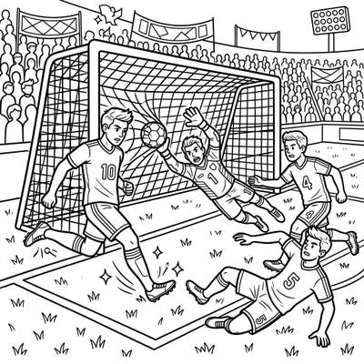 Experience the excitement of a soccer game with this dynamic coloring page featuring a thrilling goal-scoring moment. Perfect for young sports fans to bring to life with vibrant colors.
