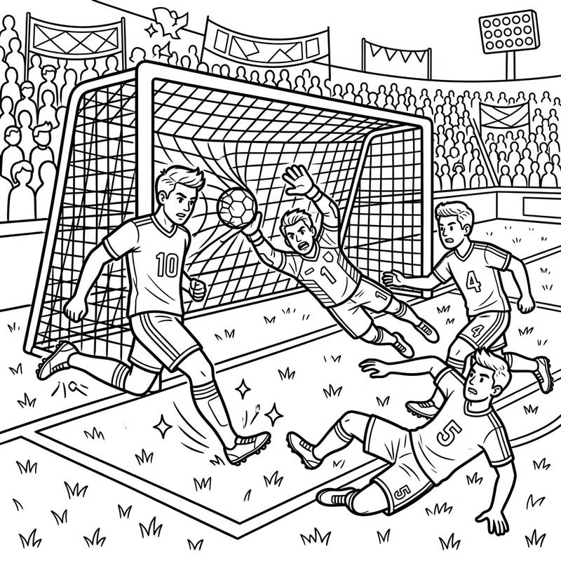 Experience the excitement of a soccer game with this dynamic coloring page featuring a thrilling goal-scoring moment. Perfect for young sports fans to bring to life with vibrant colors.