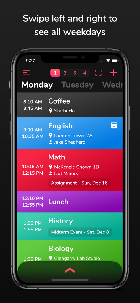 A color-coded daily school schedule on the School Timetable app showing classes and locations for a student.