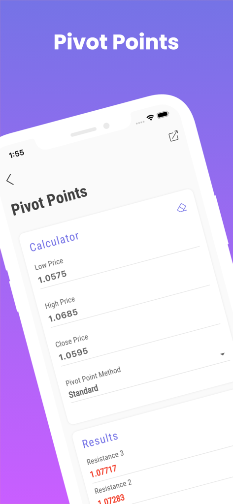 Eine mobile App-Oberfläche zur Berechnung von Pivot-Punkten im Handel