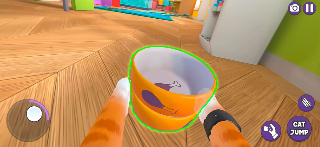 My Amazing Virtual Cat Life 3D - First person view of an orange cat holding stacked food bowls in a house simulation game