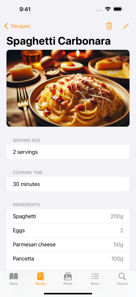 Cookle - Cookle app screenshot showing a detailed recipe for Spaghetti Carbonara with ingredients and cooking time