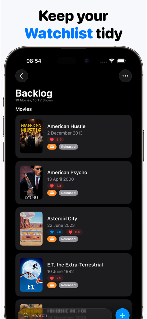 Movie Tracker: Watchlist - Captura de pantalla del iPhone que muestra una lista de películas pendientes en la aplicación Movie Tracker
