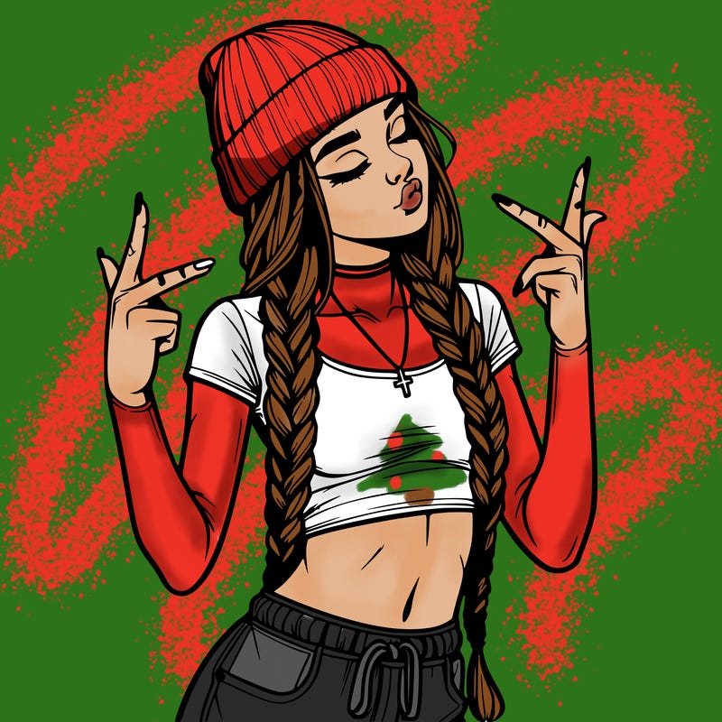 realistic teenage girl with braids and a beanie and crop top doing 🫶🏼