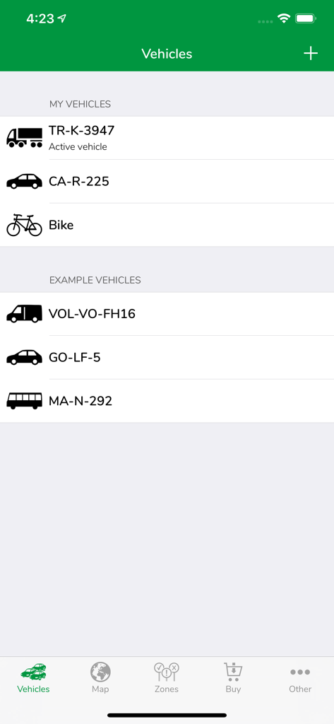 Vehicle management screen in the Green-Zones app showing a list of registered cars trucks and bikes