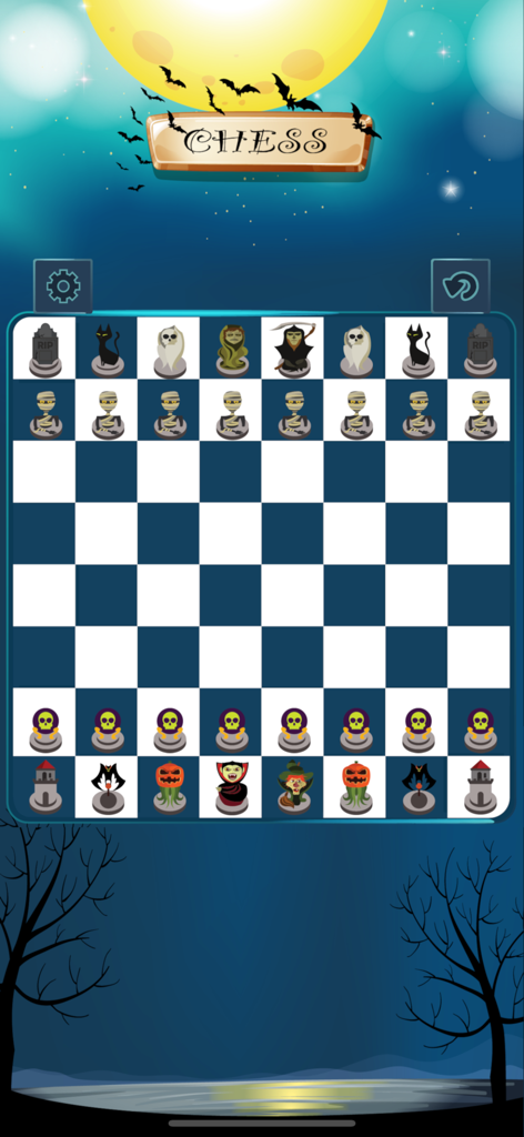 Super Chess for Watch & Phone - Un tablero de ajedrez en una pantalla móvil con un tema de Halloween y piezas de personajes espeluznantes como fantasmas y momias