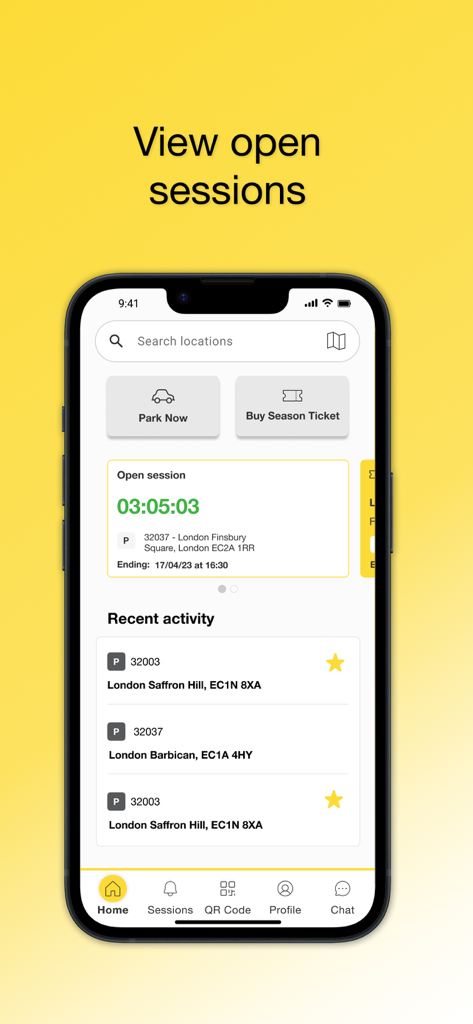 NCP - NCP app home screen showing an active parking session timer and recent activity