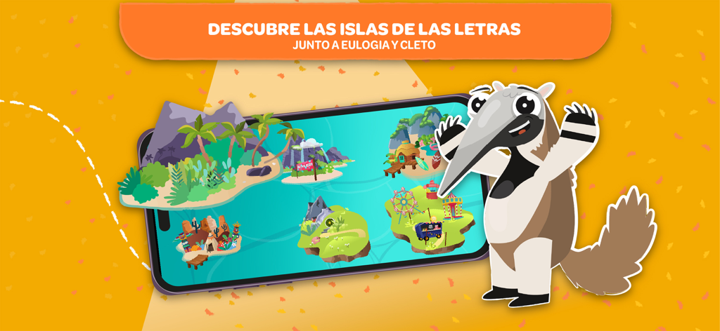 Leo Leo - Pantalla de la aplicación Leo Leo que muestra coloridas islas de letras y un personaje de dibujos animados.